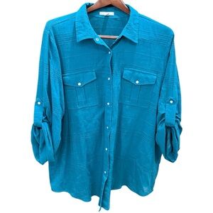 Woman Within Tunic Shirt Womens 1X Teal Blue Cotton Gauze Pearl Snap Roll Tab